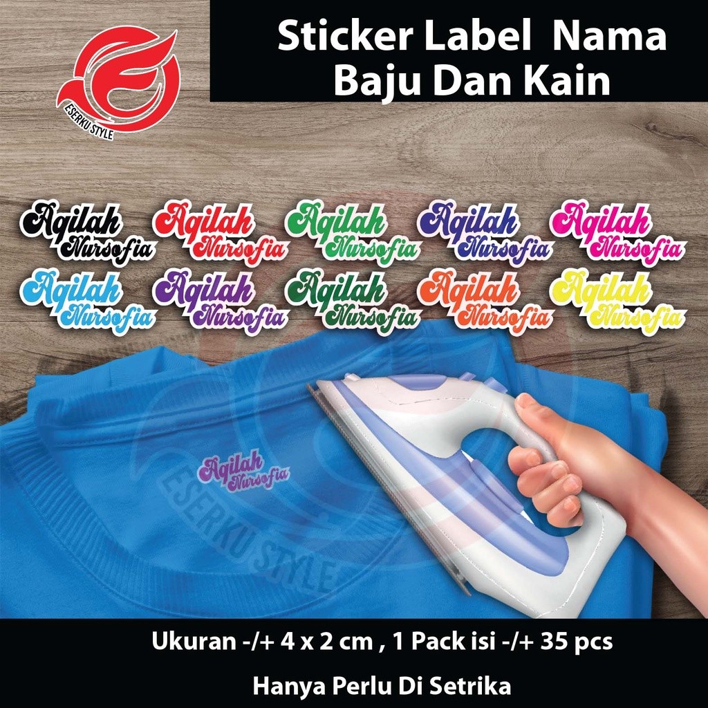 

Sticker Label Nama Kain Baju Kaos Sablon Setrika Sticker Iron Custom Tulisan (Per Pack Isi 35 Pcs) Ukuran 4x2 Cm