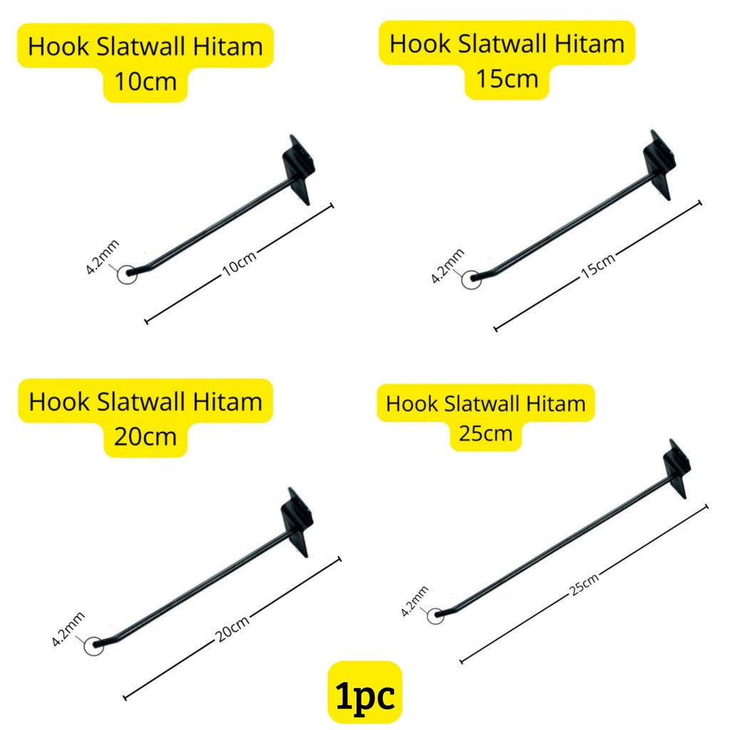 Hook Cantolan Lubang 1 Ram Kawat Besi Slatwall Hitam 4.2mm - Harga/1pc