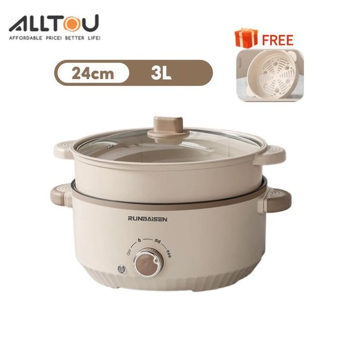 ALLTOU Panci Listrik 3L/5L Multifungsi Steamer Panci Listrik Serbaguna Anti Lengket Putih - Putih 3L
