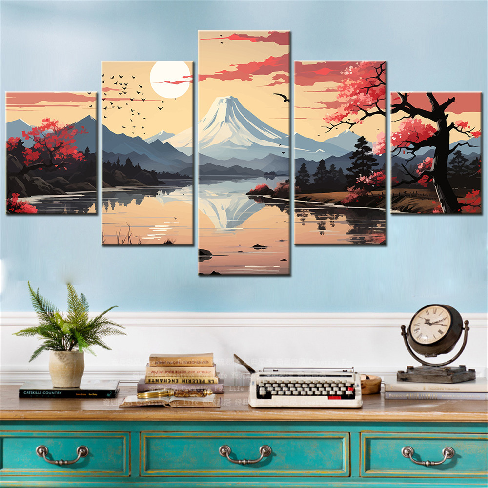 

5 Pieces HD Printed Wall Art Canvas Poster Vector Illustration of Japan Landscape Painting Abstract Home Deocration Picture