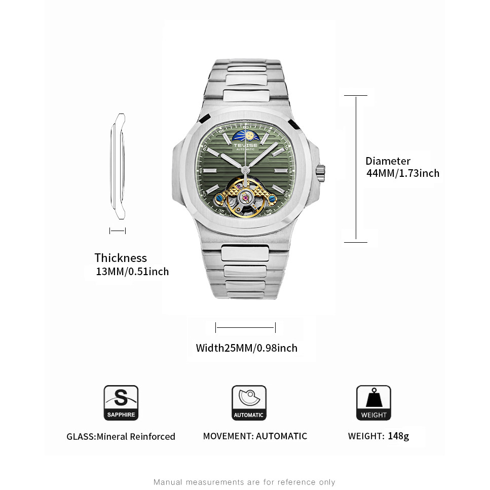 TEVISE New Automatic Mechanical Watch for Men Moon Phase Skeleton Watch Stainless Steel Fashion Top 
