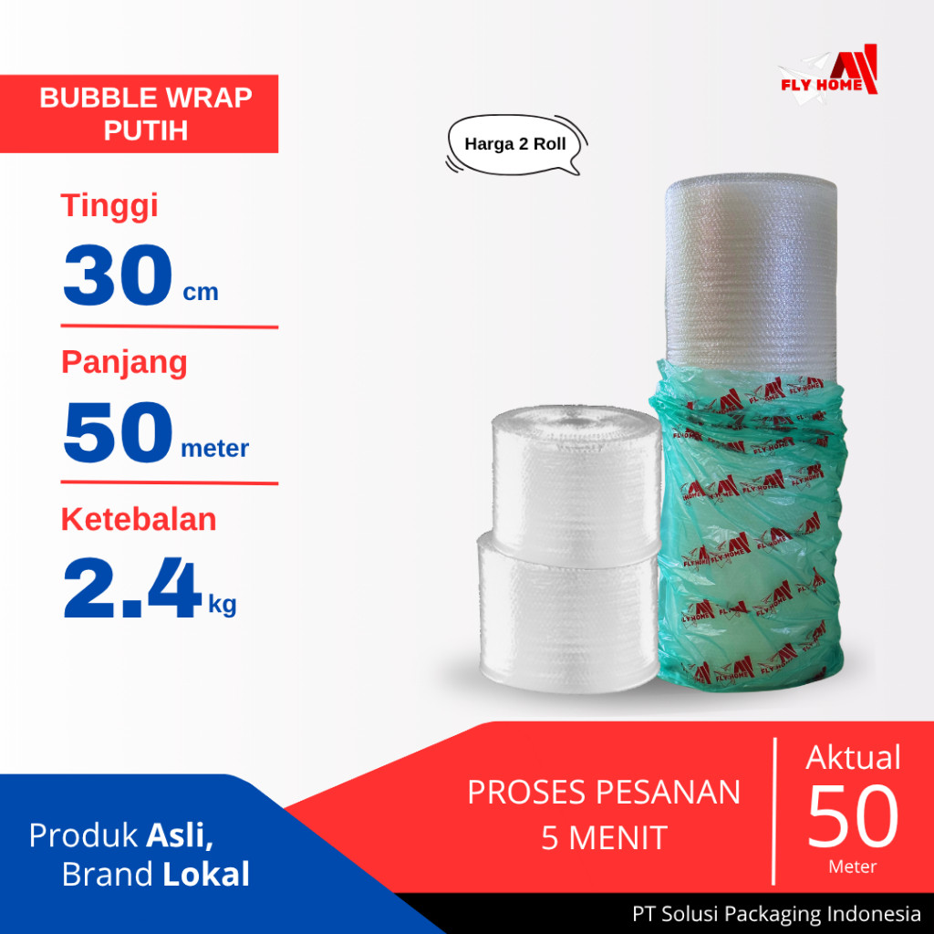 

FLYHOME Bubble wrap putih 2,4kg potongan 30cm 2 roll bubblewrap 30x50meter