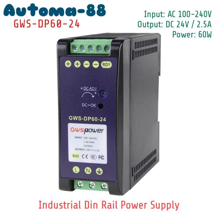 LT68 - DIN Rail Power Supply 24VDC 2.5A 60 Watt Industrial Grade DC 24V 60W