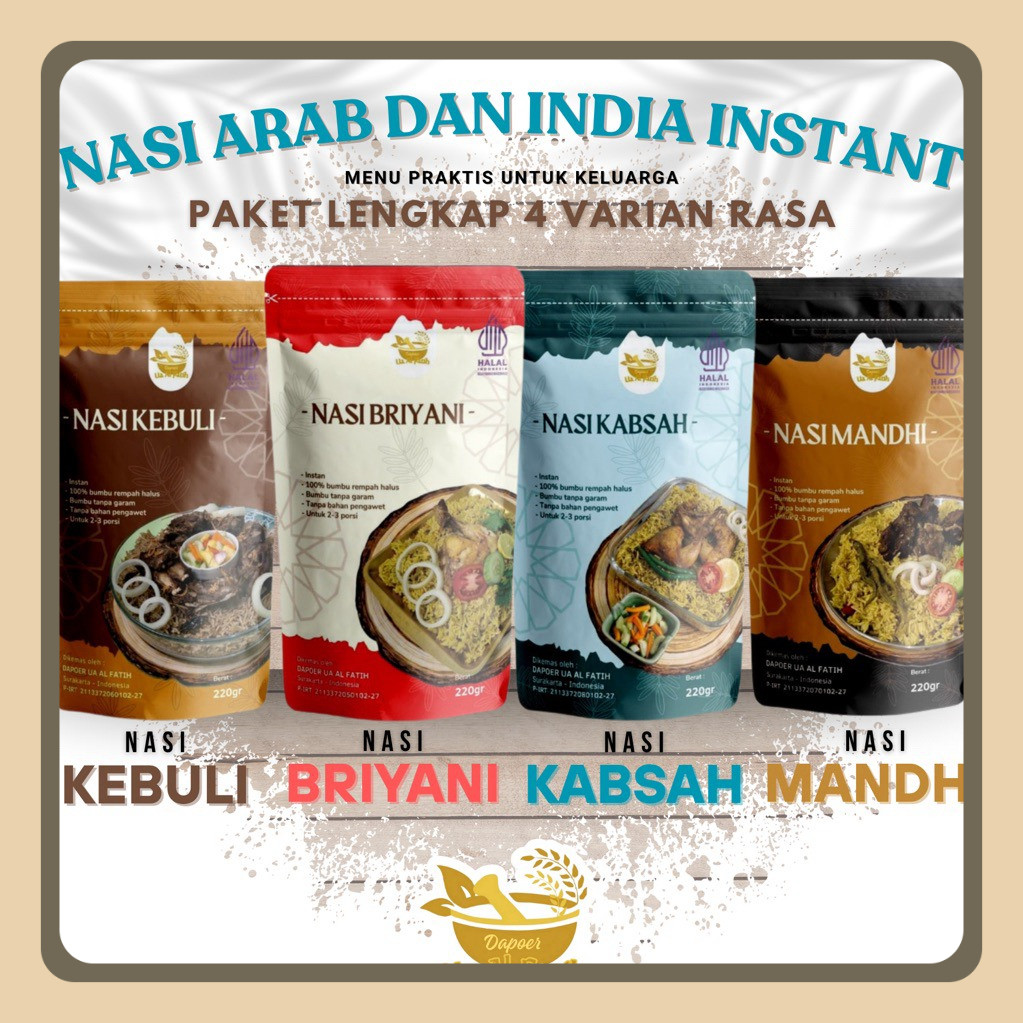 

1 paket instan isi 4 macam (nasi arab nasi india beras basmati + bumbu instan kebuli mandhi kabsah briyani)