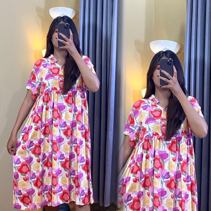 Hot Produk Daster Kekinian Viral Selutut Kerah Shanghai Busui Bumil Bahan Rayon Dress Pendek Motif W