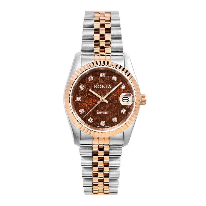 Jam Tangan Wanita Bonia Noble Brown Monogram Dial Stainless Steel Analog B10550-3646 Original