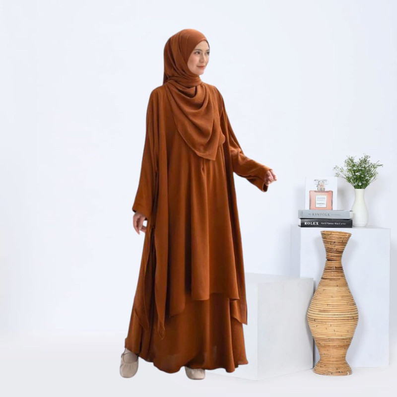 One Set Rok Tunik Melayu Syari Pashmina Oval Setelan Abaya Wanita Set Hijab Crinkle Airflow Premium/