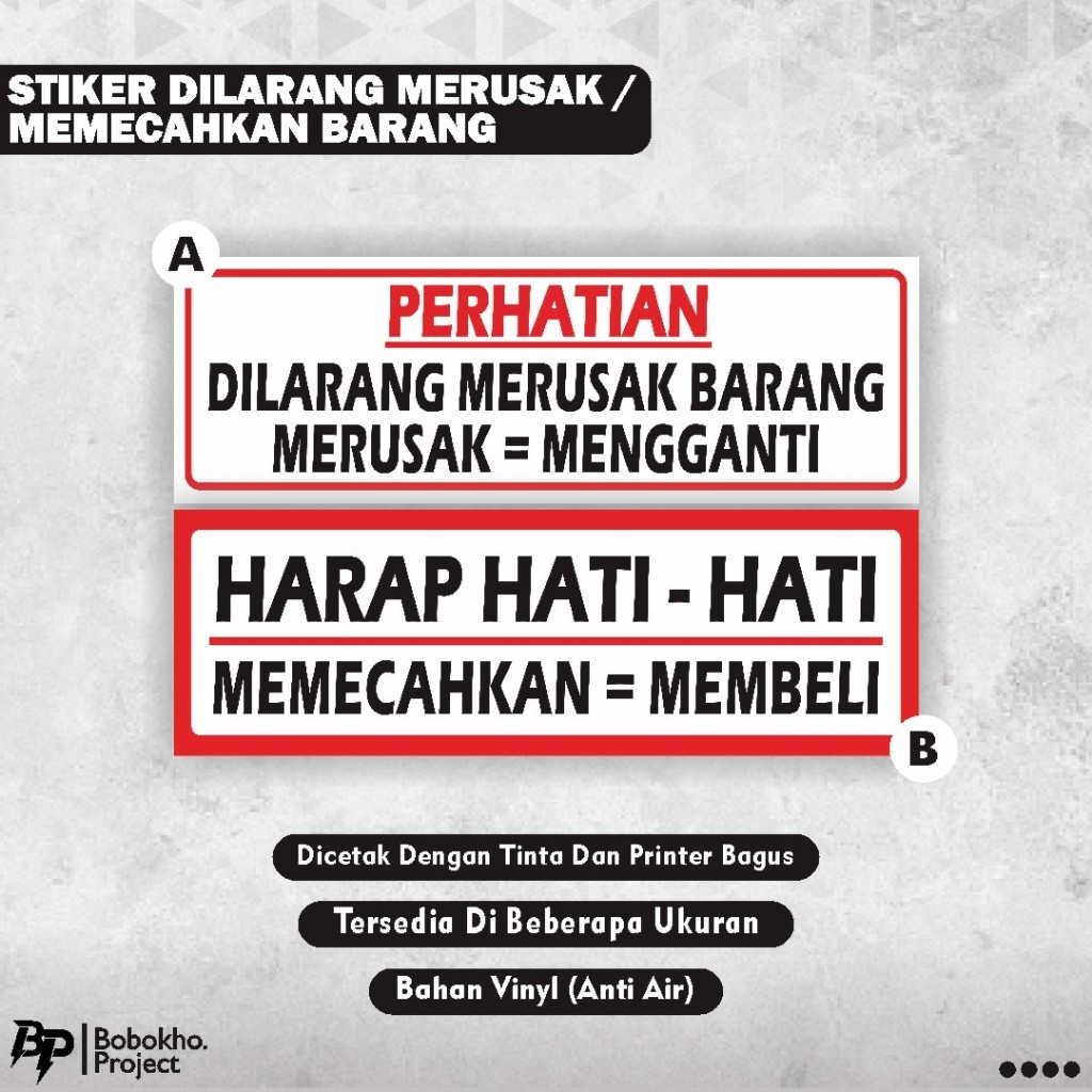 

Stiker Dilarang Merusak Barang / Stiker Hati Hati Awas Pecah / Stiker Merusak Mengganti / Stiker Dilarang Membuka Segel Kemasan