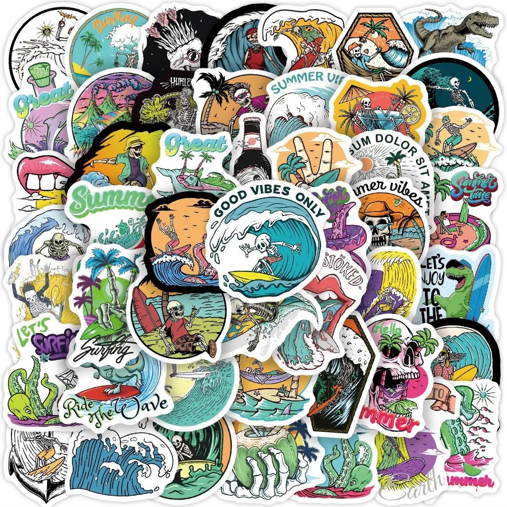 

10/50pcs Cool Summer Skull Surfing Stickers Beach Surf Decals DIY Surfboard Luggage Phone Water Bottle Waterproof Funny Sticker
