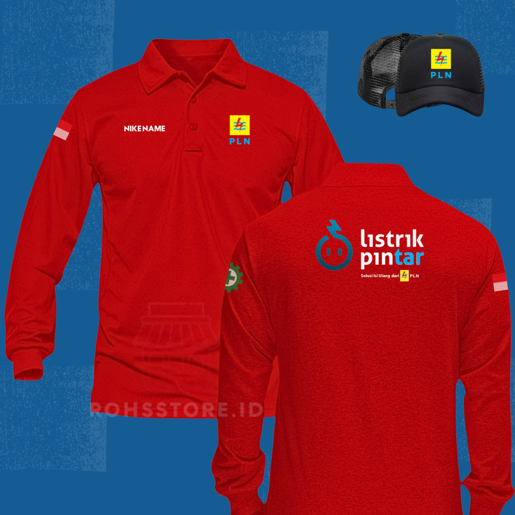 Bonus Topi  Baju Kaos Poloshirt Pria Dan Wanita Lengan Panjang Sablon Pln (Listrik Pintar) Atasan Po