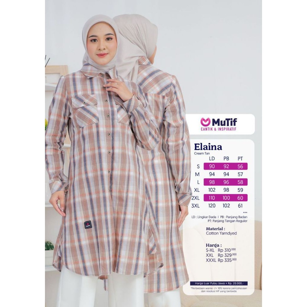 Mutif Long Tunik Motif Kotak Elaina Cream Tan | Tunik Kuliah Kekinian | Tunik Daily Premium Motif Ko