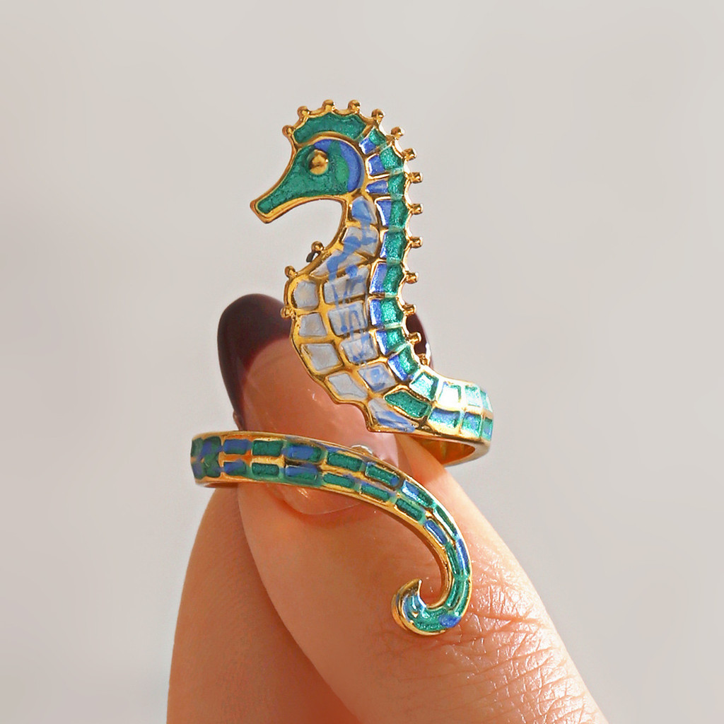 

Stainless Steel Opening Creative Sea Horse Animal Ring For Women's Finger Trend Hip Hop Beach Holiday Jewelry Girls Party Gift