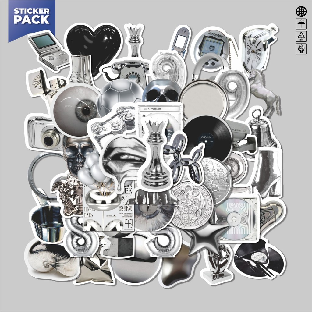 

[100PCS]Stiker Pack Stiker INS Silver Aesthetic Vinyl Anti Air Dekorasi Sticker Laptop Buku Journal Koper Helm Casing HP Gitar Helm Skateboard