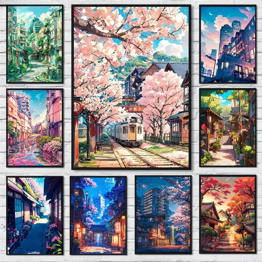 

Japanese Street Scenery Sakura Architecture Canvas Posters and Prints Wall Art Paintings Mural for Modern Living Room Home Decor
