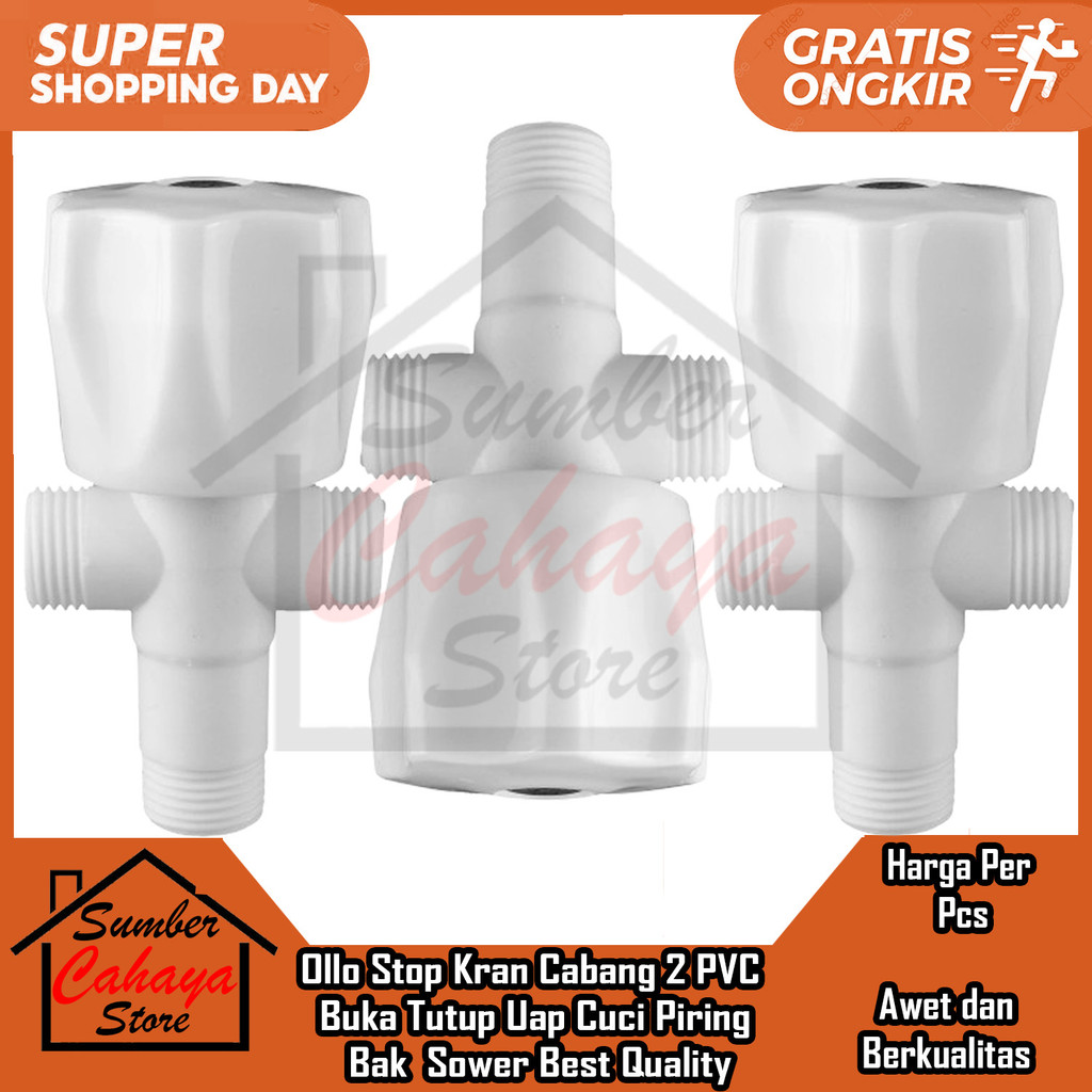 Ollo Stop Kran Cabang 2 PVC Merek Ukuran 1/2 Inchi KC 02 In Inci Inch Ballvalve Keran Air Buka Tutup