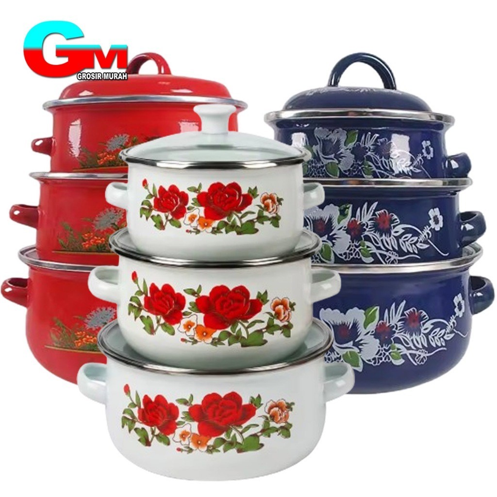 Panci Bunga Calypso 3 Susun / Panci Enamel Bunga Set 3pcs / Panci Enamel Lurik