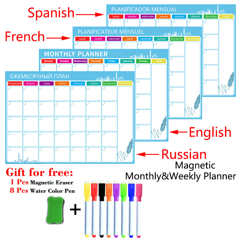 

A3 Size Magnetic Monthly Weekly Planner Calendar Table Dry Erase Whiteboard Fridge Sticker Russian English Spanish French
