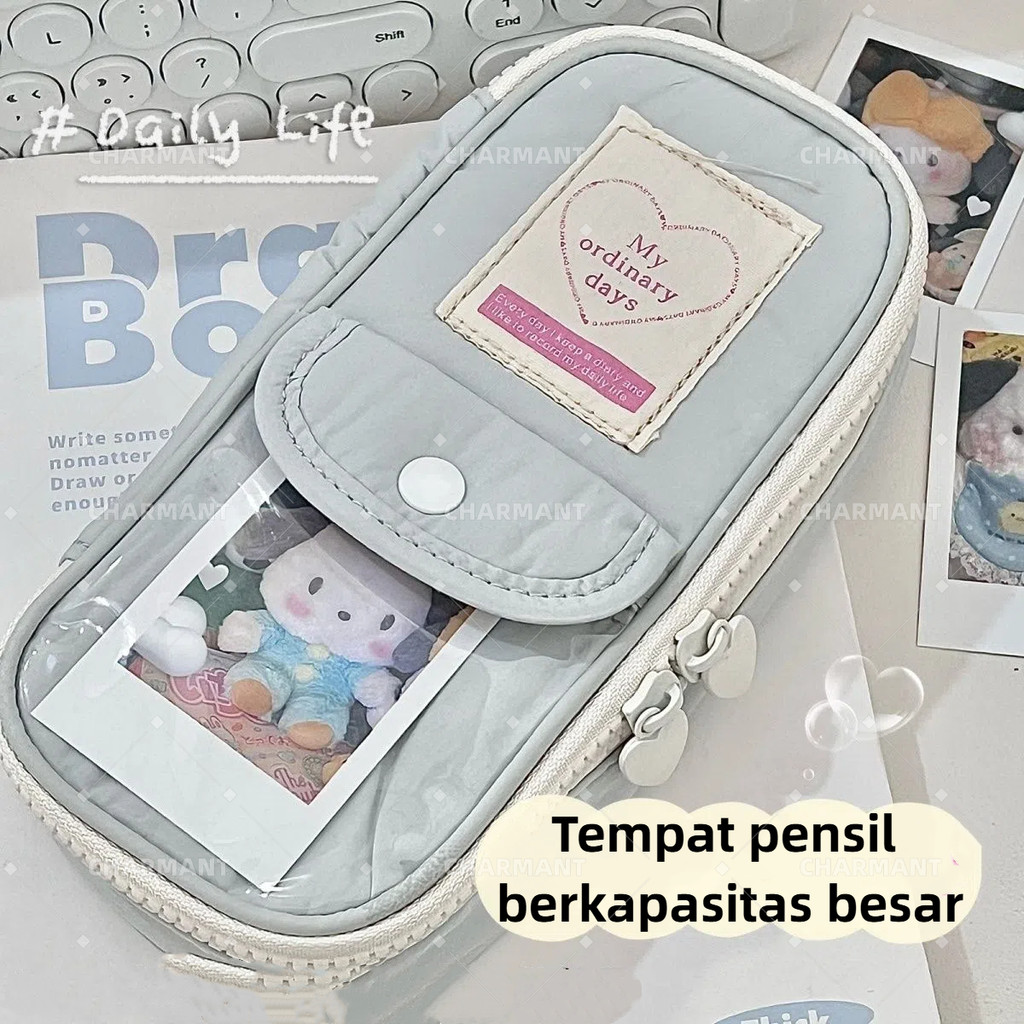 

CHARMANT Pencil Case DOUBLE ZIPPER Tempat Pensil Retro Heart Zipper Large Capacity Stationery Cosmetic Pouch