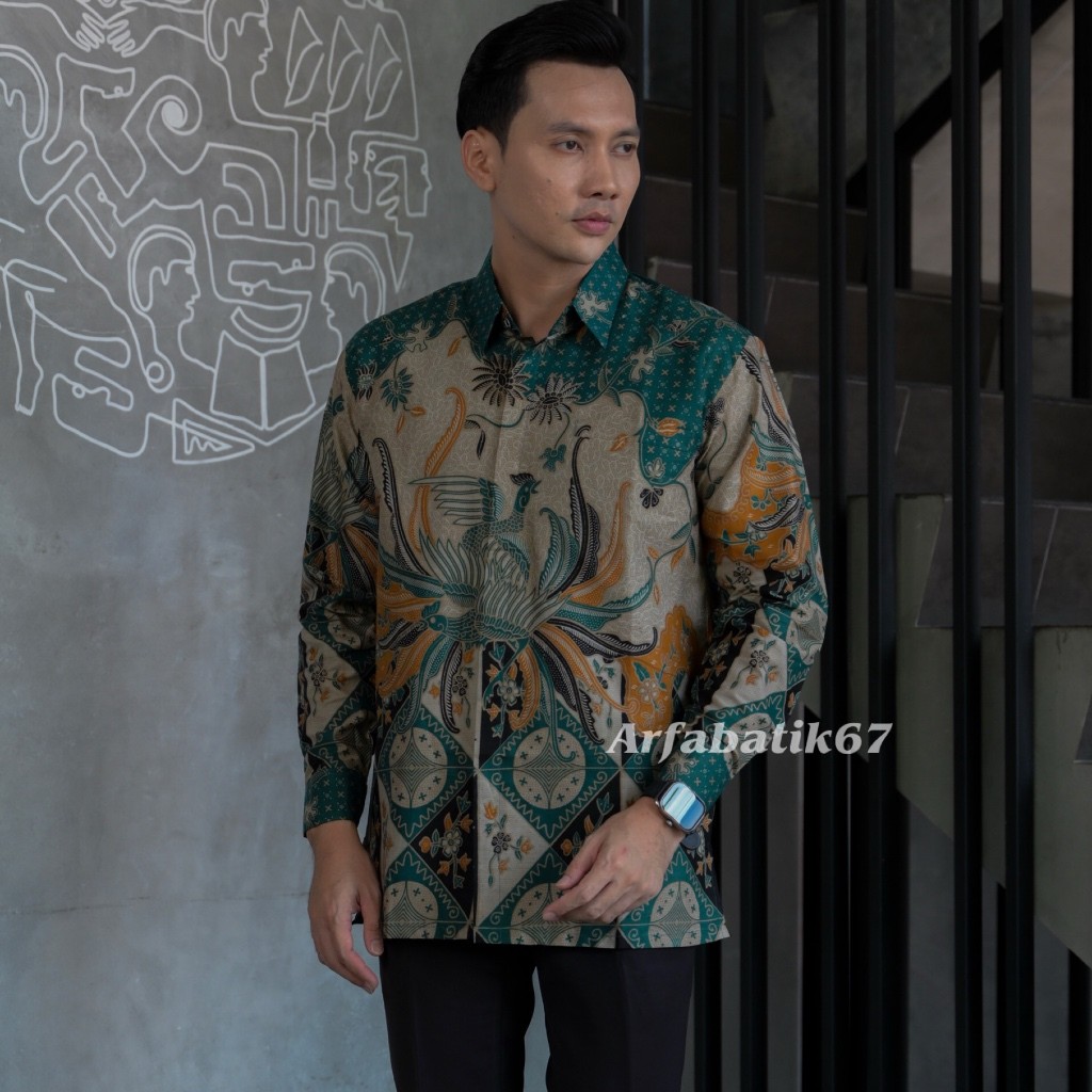 ADINATA HIJAU EMERALD kemeja batik pria lengan panjang katun solo lapis furing