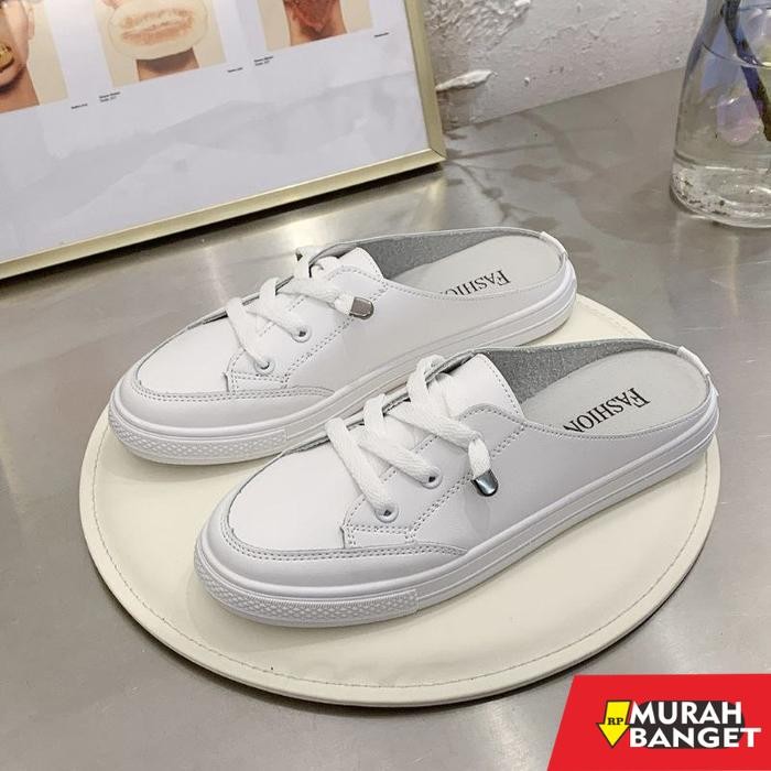 SEPATU SANDAL SELOP WANITA WHITE SNEAKERS POLOS PUTIH IMPORT KOREA ORI - White, 36