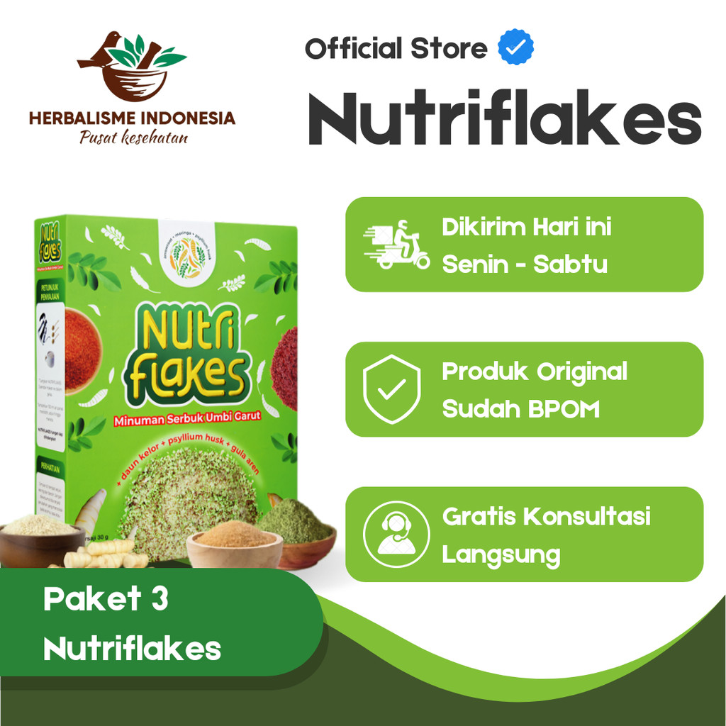 

Nutriflakes Paket 3 Pcs – Bubur Sereal Sehat Umbi Garut untuk Pencernaan & Asam Lambung