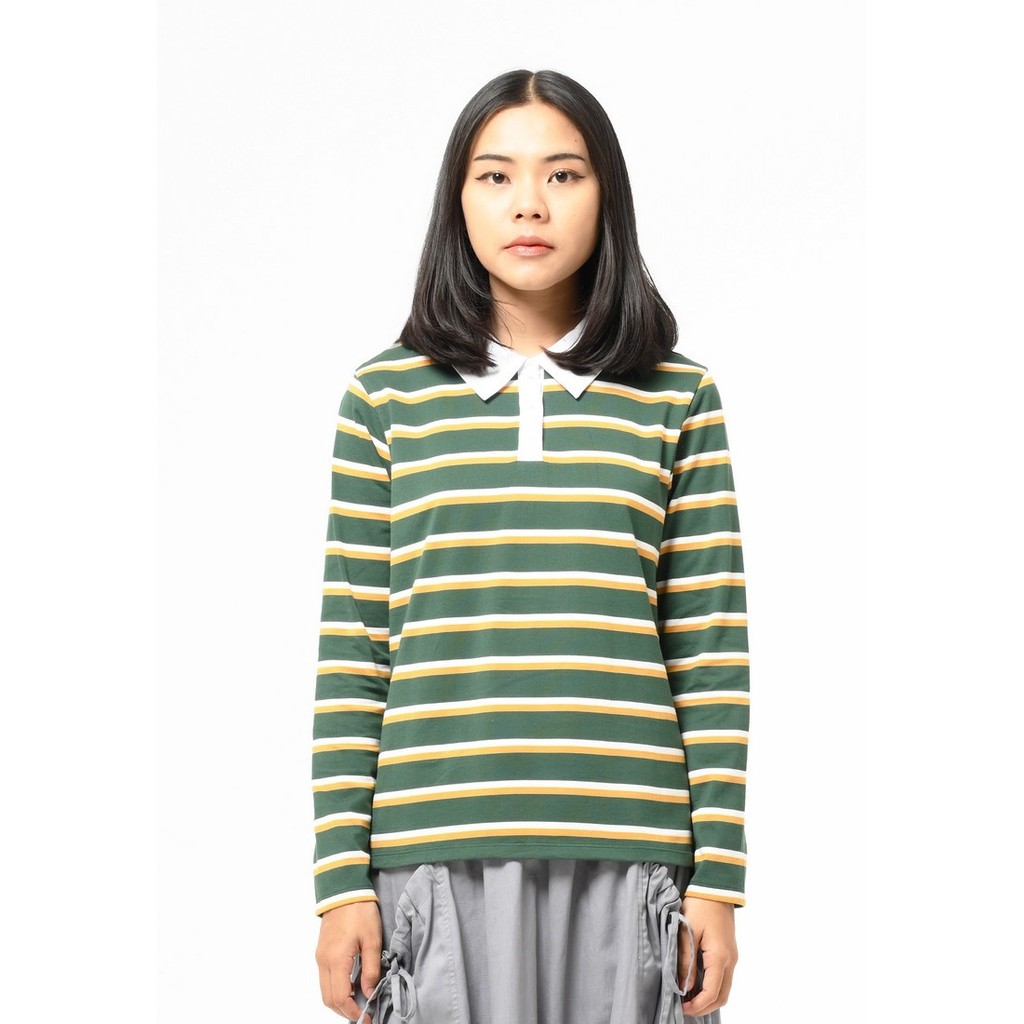 3Second Women's Collar T-Shirt Long Sleeve Regular Fit Stripe Tee Geneva H101224 H091224
