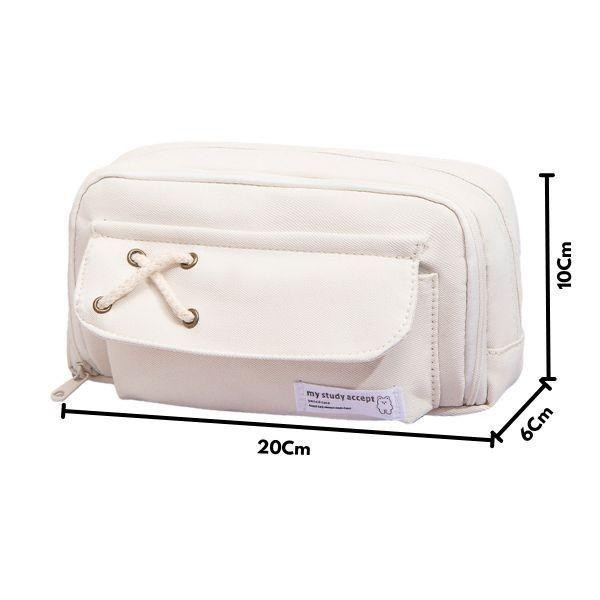 

BEST- [Kuyamol] Tempat Pensil Cute Tempat Pensil Anak Aksen Pita Silang Kotak Pensil Besar 2 Resleting - Putih