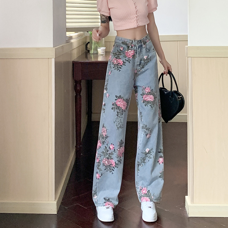 Jeans Wide Leg Corak Flower Tie-Dye Celana Celana Kaki Lurus Berpinggang Tinggi Kasual