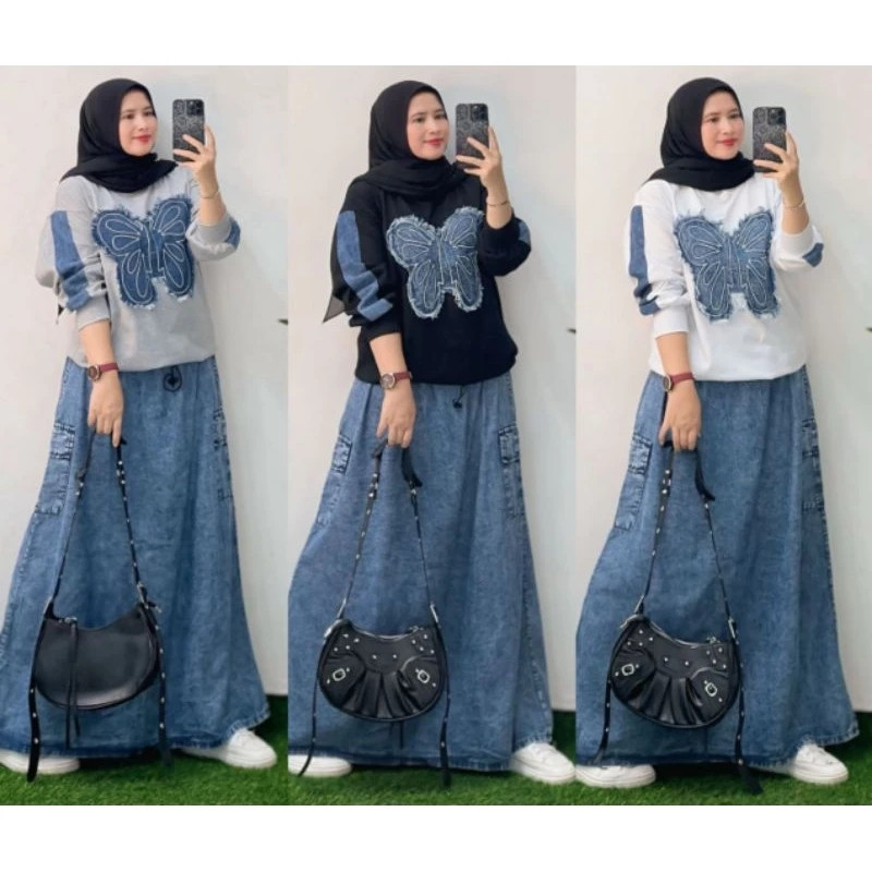 OLIPOPISHOP  Setelan Wanita Terbaru Setelan Rok Jeans Kekinian Setelan Rok Jeans Kupu Kupu Kombinasi