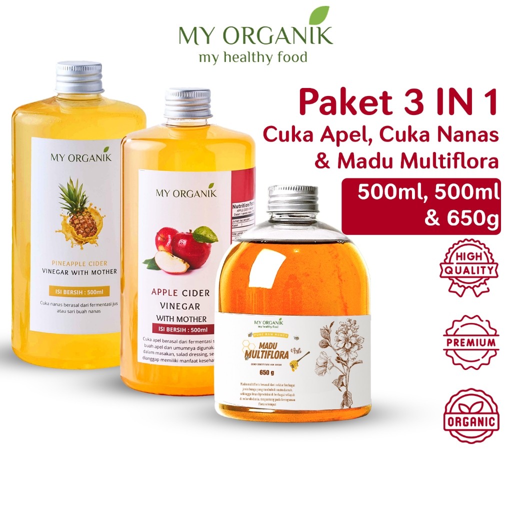

My Organik Cuka Apel Cuka Nanas 500ml Madu Multiflora 650gr Paket Hemat 3 in 1