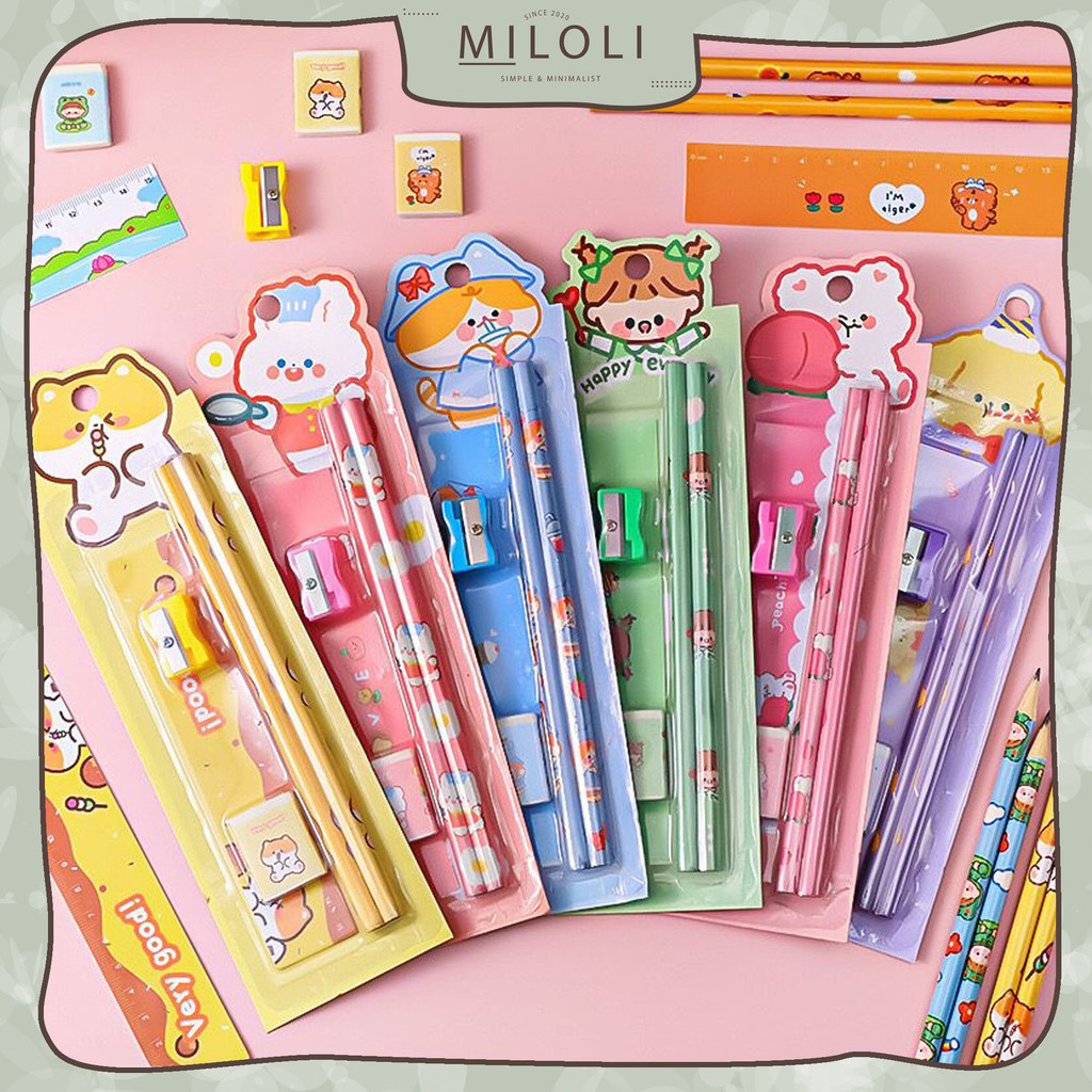 

[MILOLI] 5Pcs/ Set SET CUTE CARTOON PENCIL ERASER RULER SHARPENER Children Student Stationary - F0343
