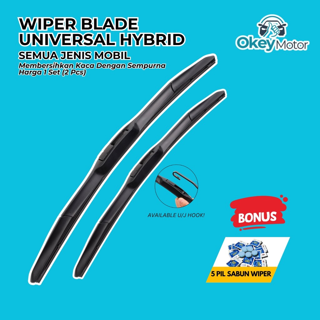 OKEY Wiper Mobil hybrid Blade Universal 1 Set Kiri dan Kanan Pembersih Kaca Depan Paket Bonus Sabun 