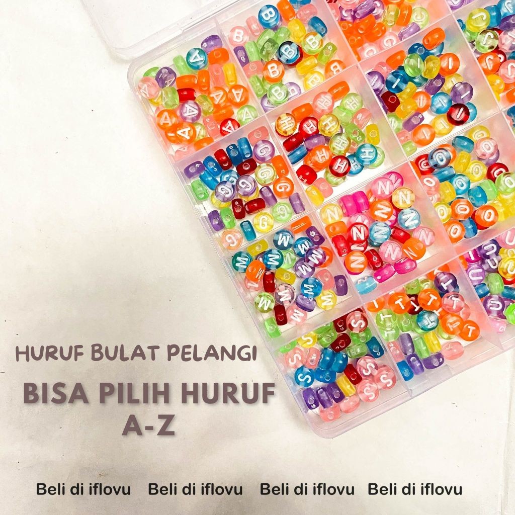 (Bisa pilih) Manik Manik Huruf Satuan Lengkap A - Z | Mote Abjad | Manik Huruf Kotak Pelangi