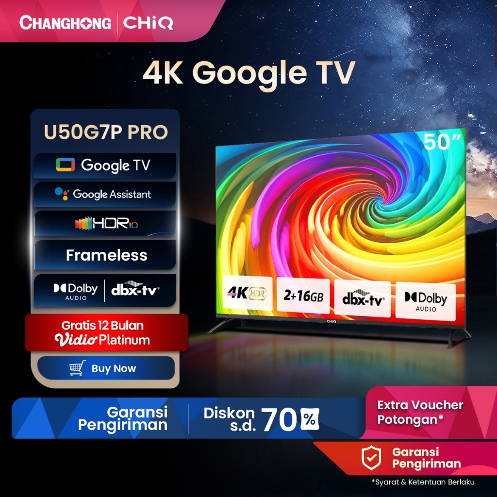 【Google TV】CHiQ 50 inch Smart TV 4K UHD-HDR10+DBX Dolby Audio Google Assistant  Netflix Youtube Digi