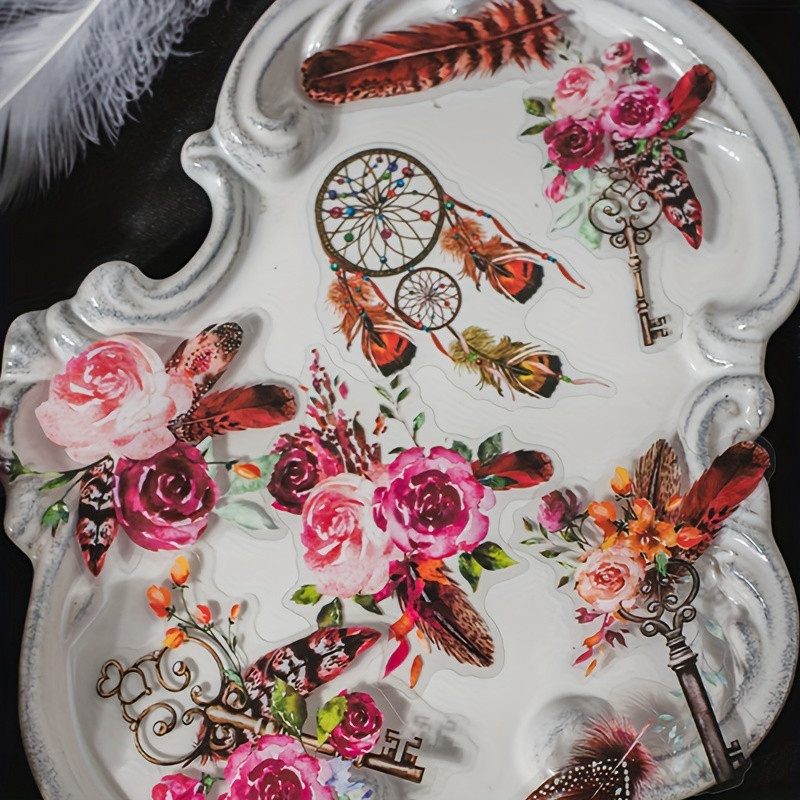 

One pack of 40 retro feather hand account DIY decoration PET stickers