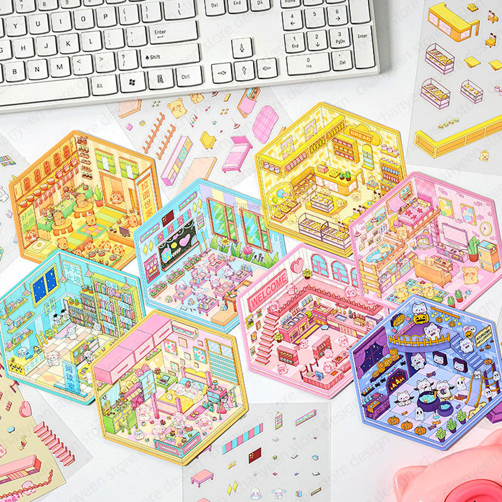 

3D Cartoon Characters Landscape DIY Sticker Pocket Cabin Scene Stacking Pasting Christmas Birthday Gift for Kid Child