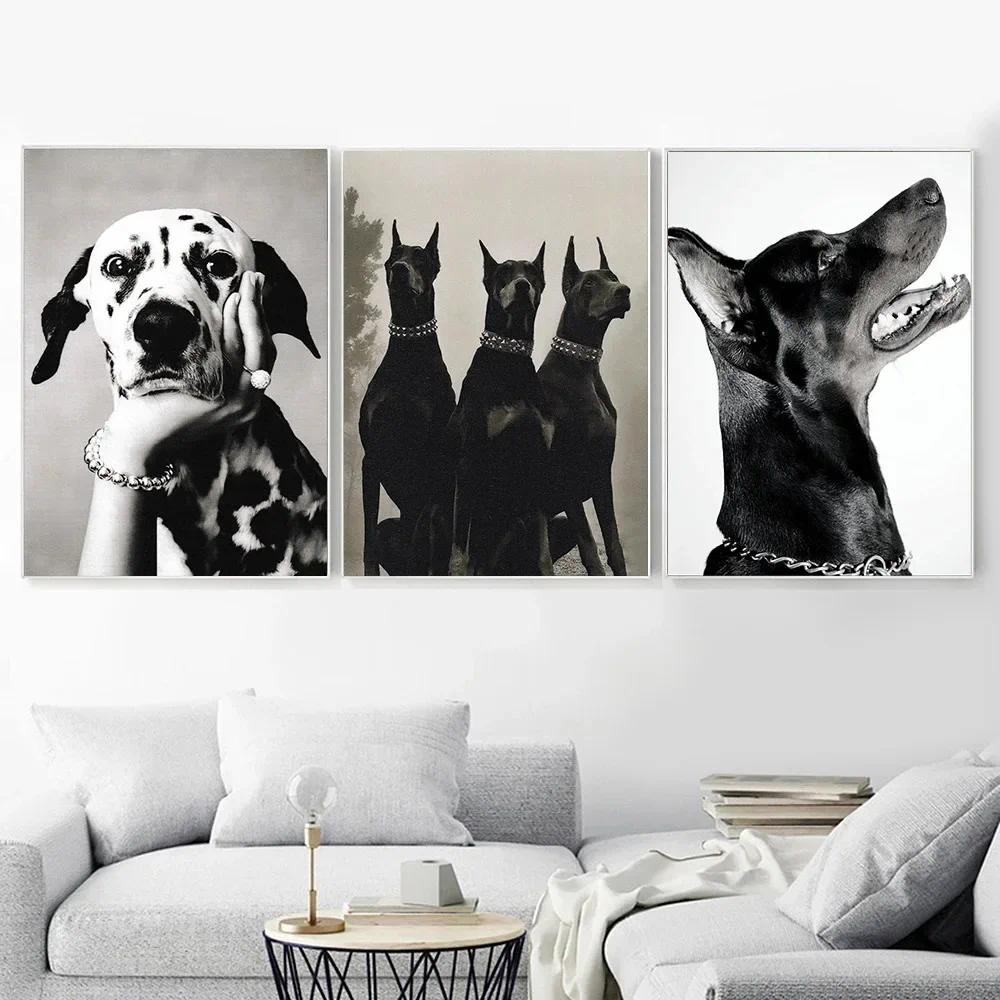 

Canvas Painting Fashion Black White Animal Dog Poster,Vintage Doberman Wall Art Print,Pinscher Dalmatians,Luxury Room Home Decor