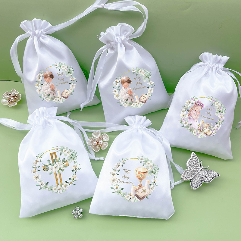 

5pcs Cross Chalice Floral Wreath Bible Praying white gift bags boy girl 1st First Holy Communion decoration thank you present