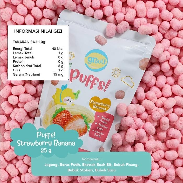 

Grouu Puffs! Snack Cemilan Anak Bayi 8M+ Bite Size Mudah Lumer Tanpa MSG Pengawet 25g - Strawberry Banana