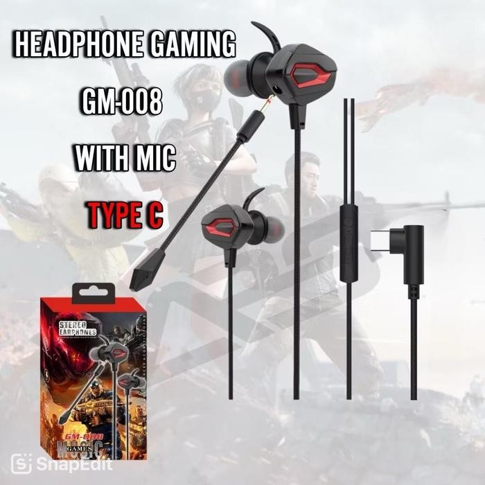 Handsfree Headset Gaming Type C Plus Mic Gm-008 Stereo Strong Bass High Quality Super Bass Earphone 