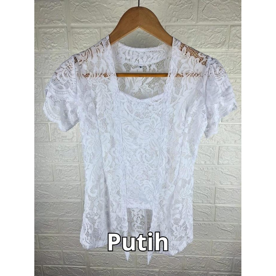 Kebaya Brokat Stretch Modern Wisuda Model Lengan Pendek Lilit Terbaru - Putih, S