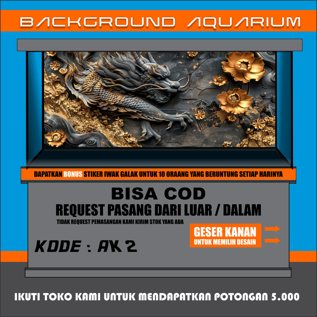 STICKER WALLPAPER BACKGROUND AQUARIUM BELAKANG 3D TEMA GAMBAR NAGA DRAGON AK2