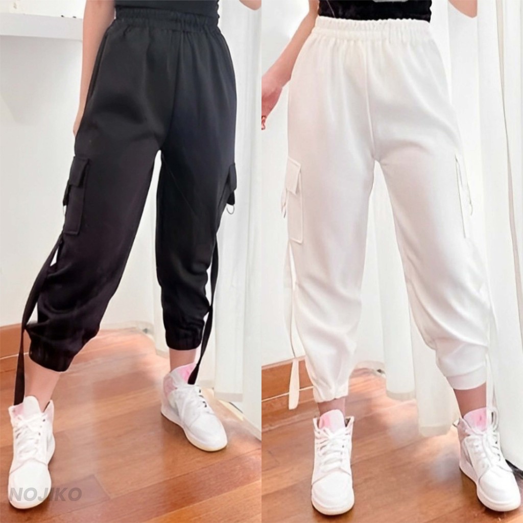 Celana Cargo Wanita Scuba Jogger Pants Hitam Putih Stretch Premium Nojiko