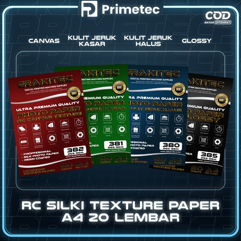 

Kertas Foto Silki Texture A4 Professional Silki, Glossy Photo Paper 265 A4,Doff Halus, Canvas,Doff Kasar / Luster Resin Coated Primetec