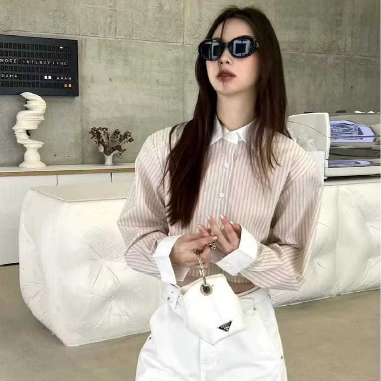 JALLPRONEW - ZER KEMEJA CROP ADRIANA SALUR KOMBINASI WARNA LENGAN PANJANG KERAH BAJU KANTORAN / Atas