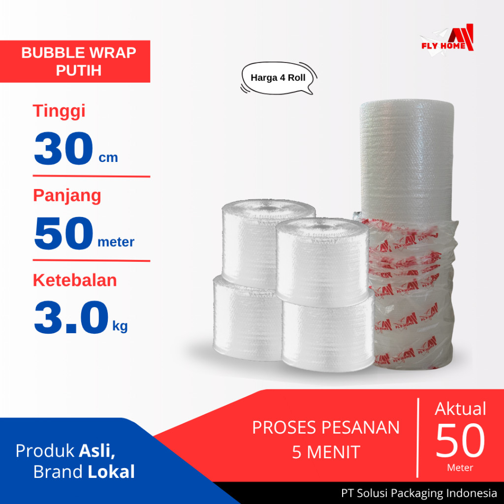 

FLYHOME Bubble wrap putih 3kg potongan 30cm 4 roll besar 30x50meter