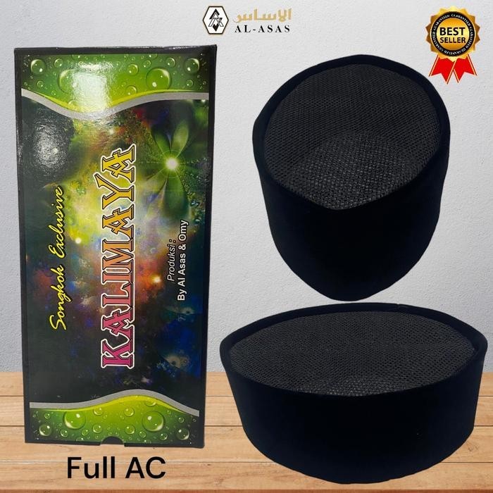 AL ASAS SONGKOK NASIONAL KALIMAYA FULL AC Peci Kopiah Muslim Hitam - 9 cm, 4