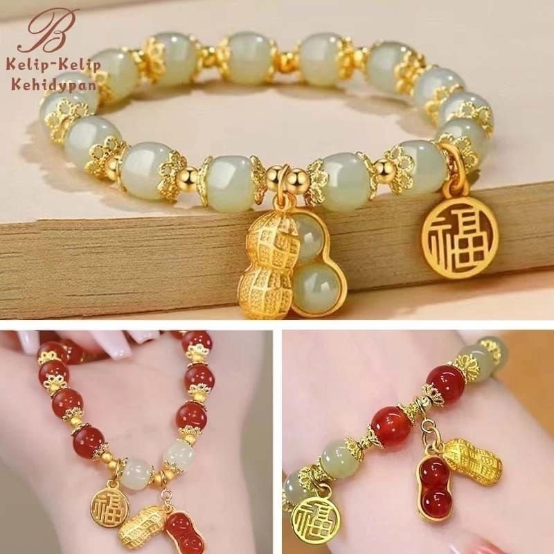 [Giok Hoki] Gelang Giok Keberuntungan Rezeki Hoki Gelang kacang Bracelet kristal Gelang wanita perhi