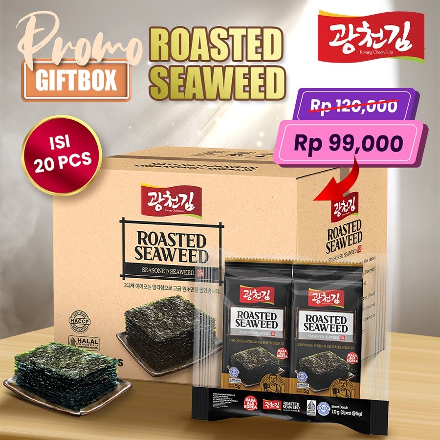 

(HALAL) ROASTED SEAWEED KWANGCHEON KIM 100G (1 GIFTBOX ISI 20 PCS) / RUMPUT LAUT PANGGANG / NORI PANGGANG / NORI SNACK