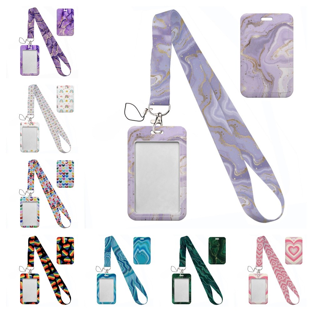

Simple marble heart rainbow card holder Lovely hanging rope ID pass hang accessories holder lanyard Student Bus passr Case